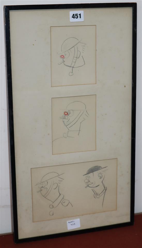 Bruce Bairnsfather (1888-1959) - coloured pencil, Three studies of Old Bill largest 13 x 20cm framed as one